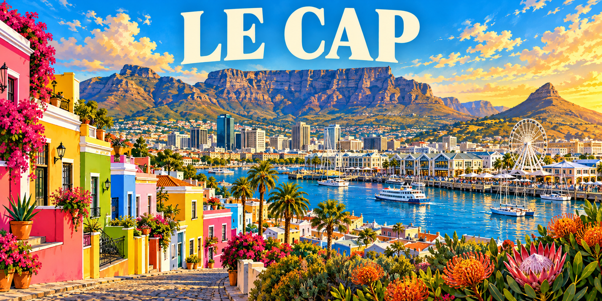 Visuel « LE CAP » : montagne de la Table, Lion's Head, maisons colorées de Bo-Kaap et protéas