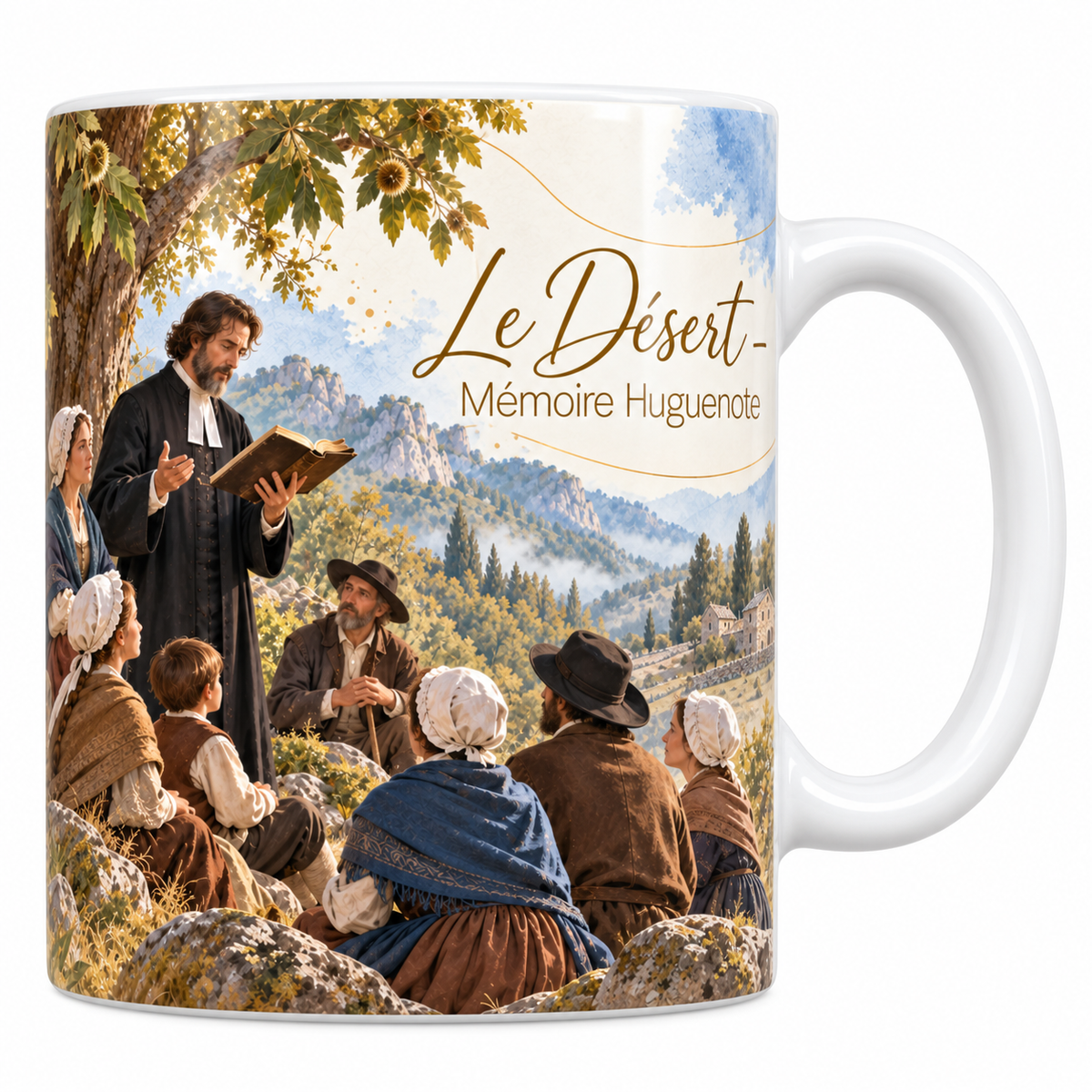 Mug céramique blanche 330 ml illustré du Désert à l'aquarelle, un prédicant en habit noir et rabat blanc lisant la Bible sous un grand chêne à un petit groupe assis sur les rochers, la vallée cévenole au fond, des feuillages et le titre Le Désert - Mémoire Huguenote en lettres dorées