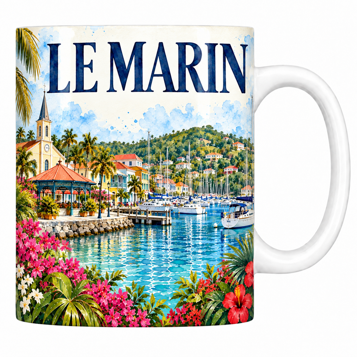 Mug blanc en céramique 330 ml illustré Le Marin en Martinique à l'aquarelle : l'église coloniale, le kiosque et la marina