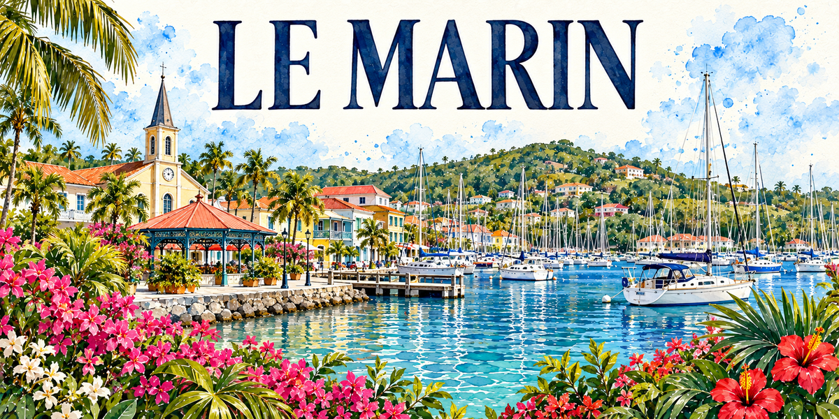 Illustration aquarelle du Marin en Martinique : église coloniale à toit rouge, clocher et horloge, kiosque à toit conique, palmiers royaux, cases créoles pastel, marina remplie de voiliers et de catamarans, colline verte en face, hibiscus rouges et bougainvilliers