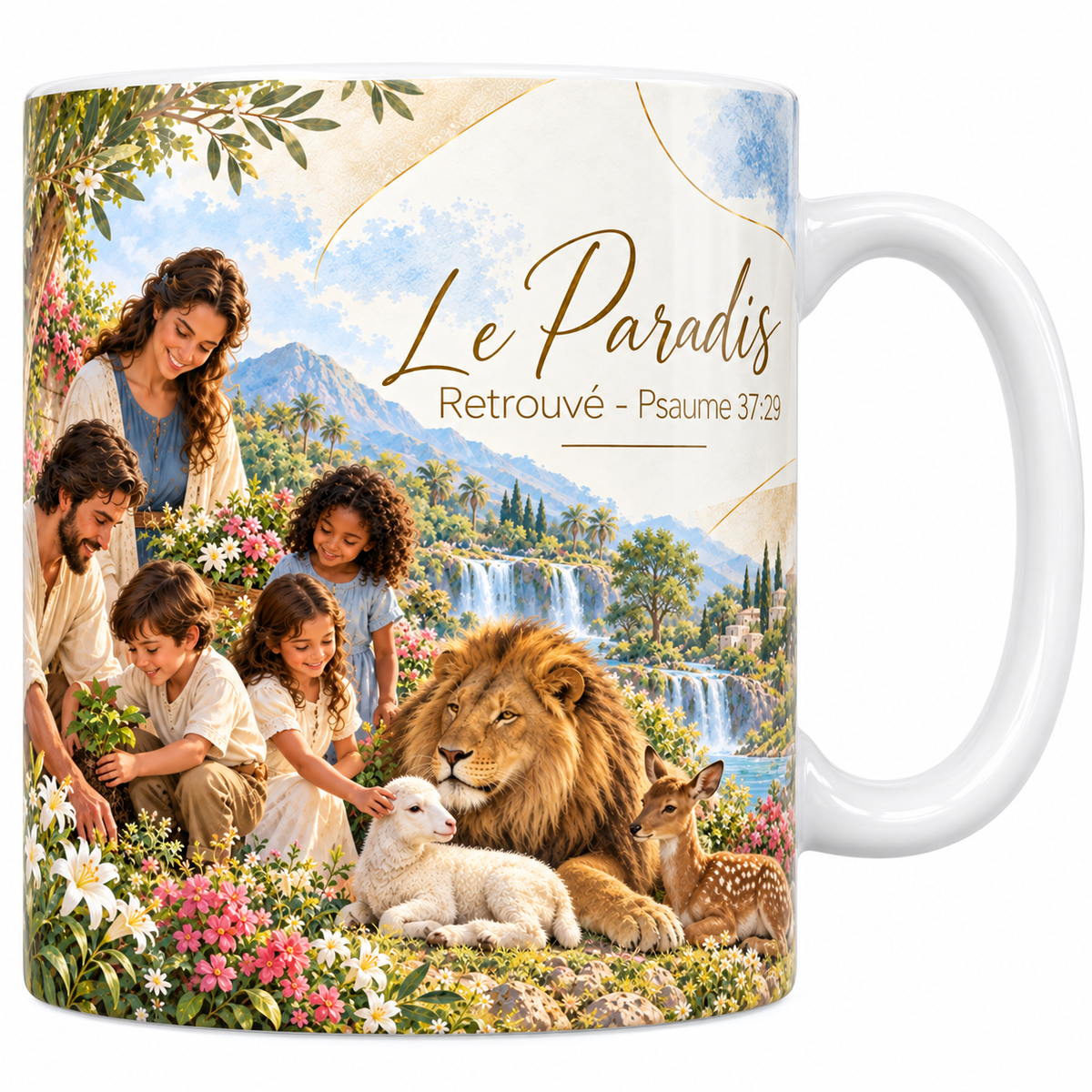 Mug céramique blanche 330 ml illustré à l'aquarelle d'un paysage paradisiaque, une famille agenouillée caressant un agneau et un faon près d'un lion couché, des cascades et des montagnes derrière, des fleurs en abondance et le titre Le Paradis Retrouvé - Psaume 37:29 en lettres dorées