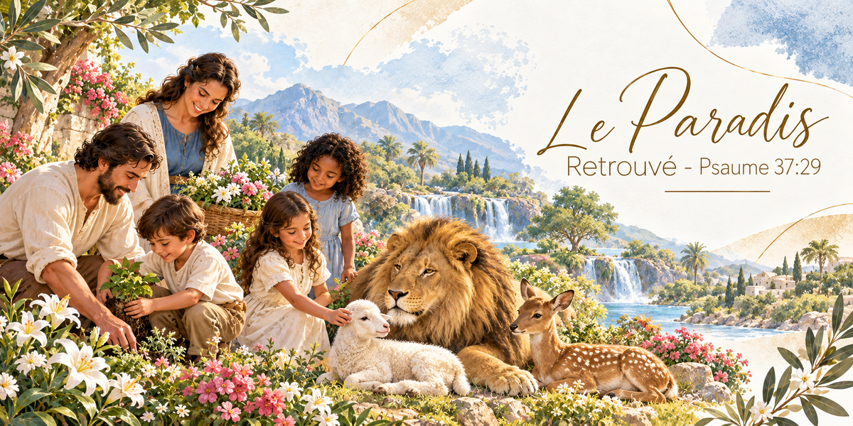 Visuel aquarellé d'un paysage paradisiaque en pleine lumière, une famille en vêtements clairs agenouillée dans l'herbe fleurie caressant un agneau blanc et un faon, un grand lion à la crinière fauve couché paisiblement à côté d'eux, des cascades descendant d'une falaise verdoyante, des palmiers et des montagnes bleutées à l'horizon, des massifs de fleurs roses et blanches au premier plan, et le titre Le Paradis Retrouvé - Psaume 37:29 en lettres dorées