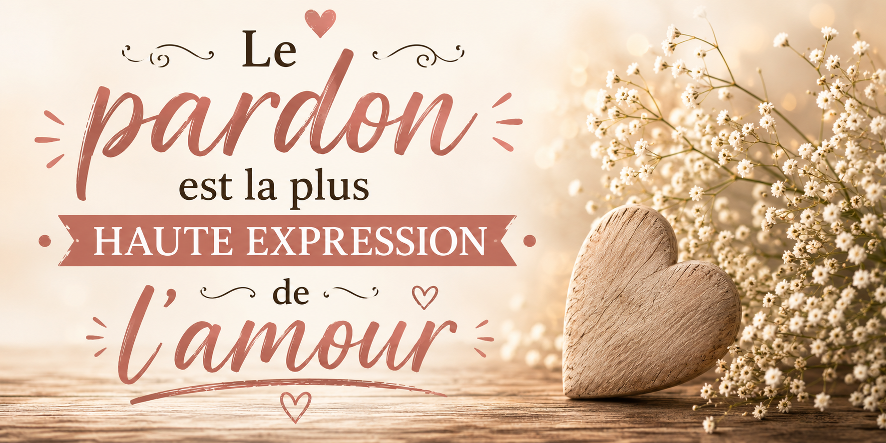 Visuel Le pardon plus haute expression de l'amour : lettrage rose ancien, cœur de bois et fleurs blanches