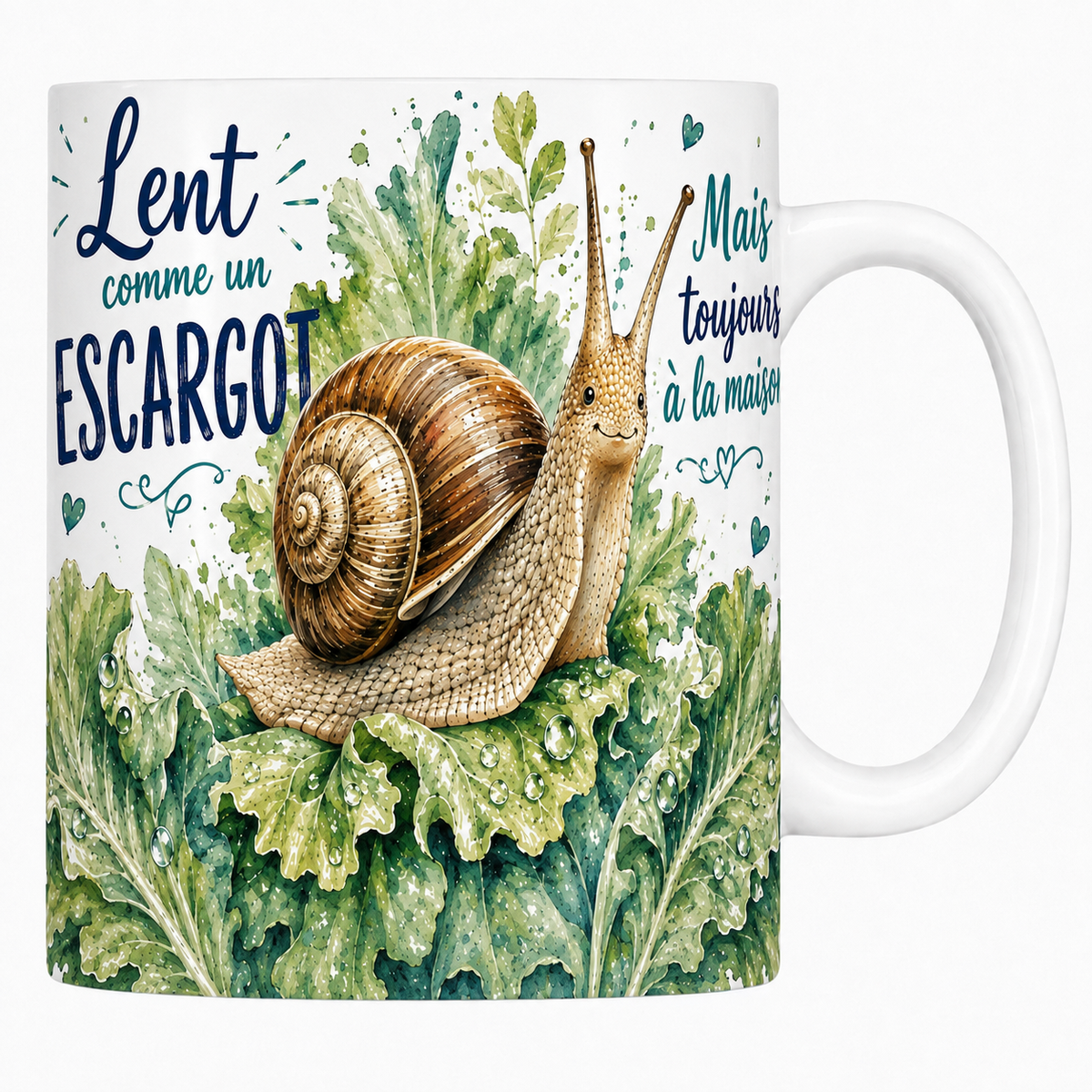 Mug céramique blanc « Lent comme un escargot », escargot sur une feuille de salade à l'aquarelle