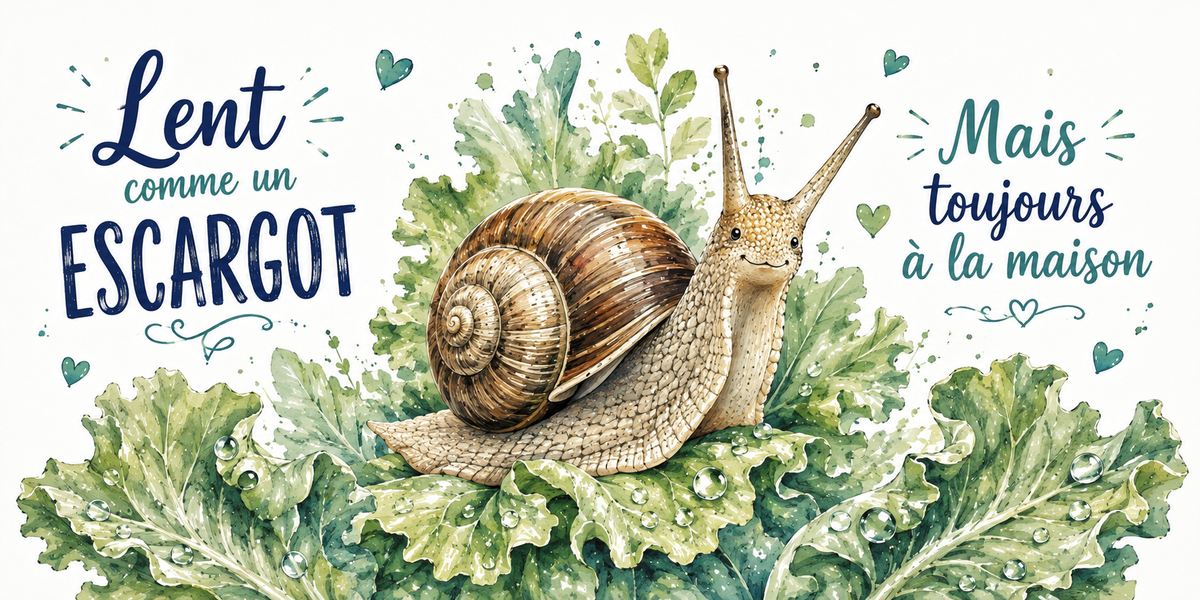 Escargot sur une feuille perlée de rosée à l'aquarelle : « Lent, mais toujours à la maison »