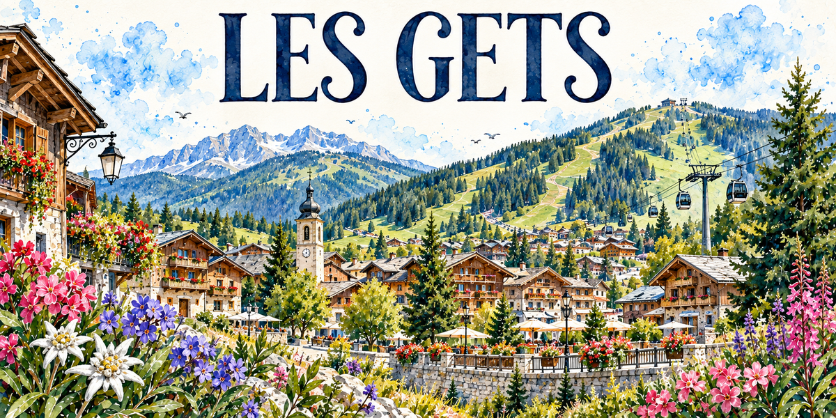 Aquarelle des Gets : balcon de chalet sculpté, village et clocher à bulbe, télécabine, pistes et crêtes enneigées