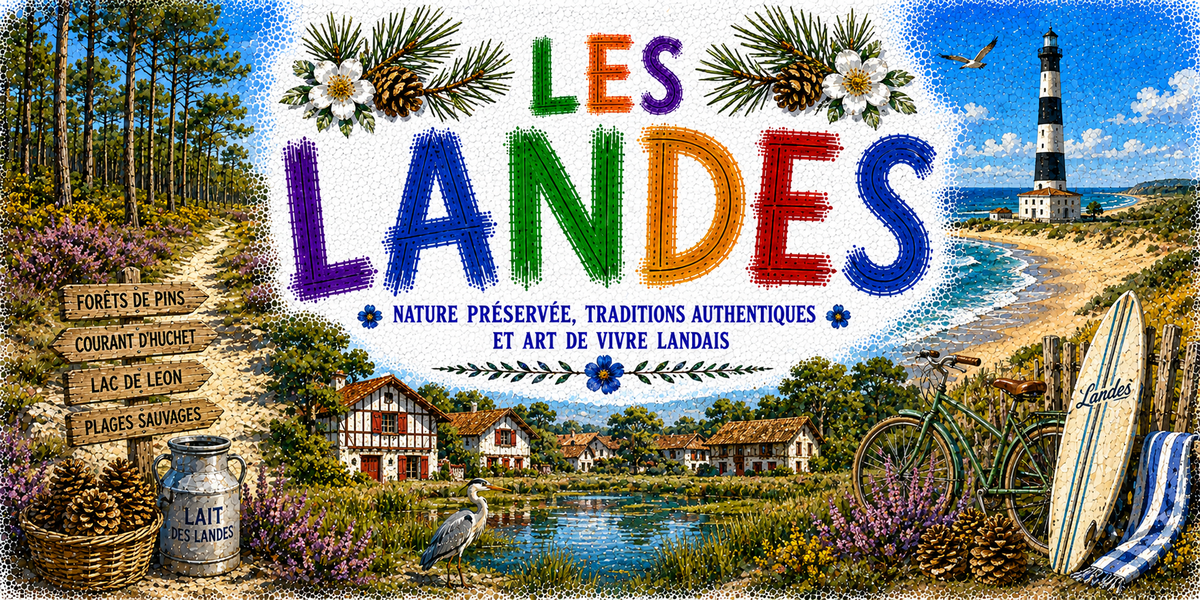 Visuel Les Landes : phare et dune, maisons à colombages, surf et vélo, « nature préservée, art de vivre »