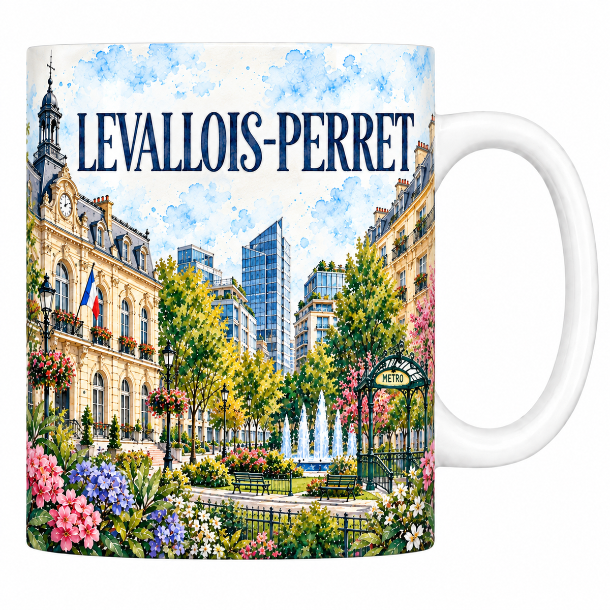 Mug blanc en céramique 330 ml illustré Levallois-Perret à l'aquarelle : l'hôtel de ville à dôme, le square à jets d'eau et l'entrée de métro