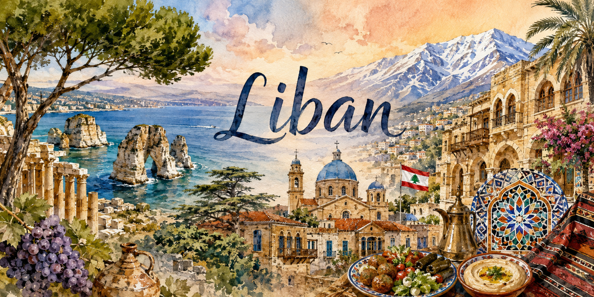Visuel Liban aquarelle : cèdre du Liban, Baalbek, rochers de Raouché, Beyrouth et mezzés