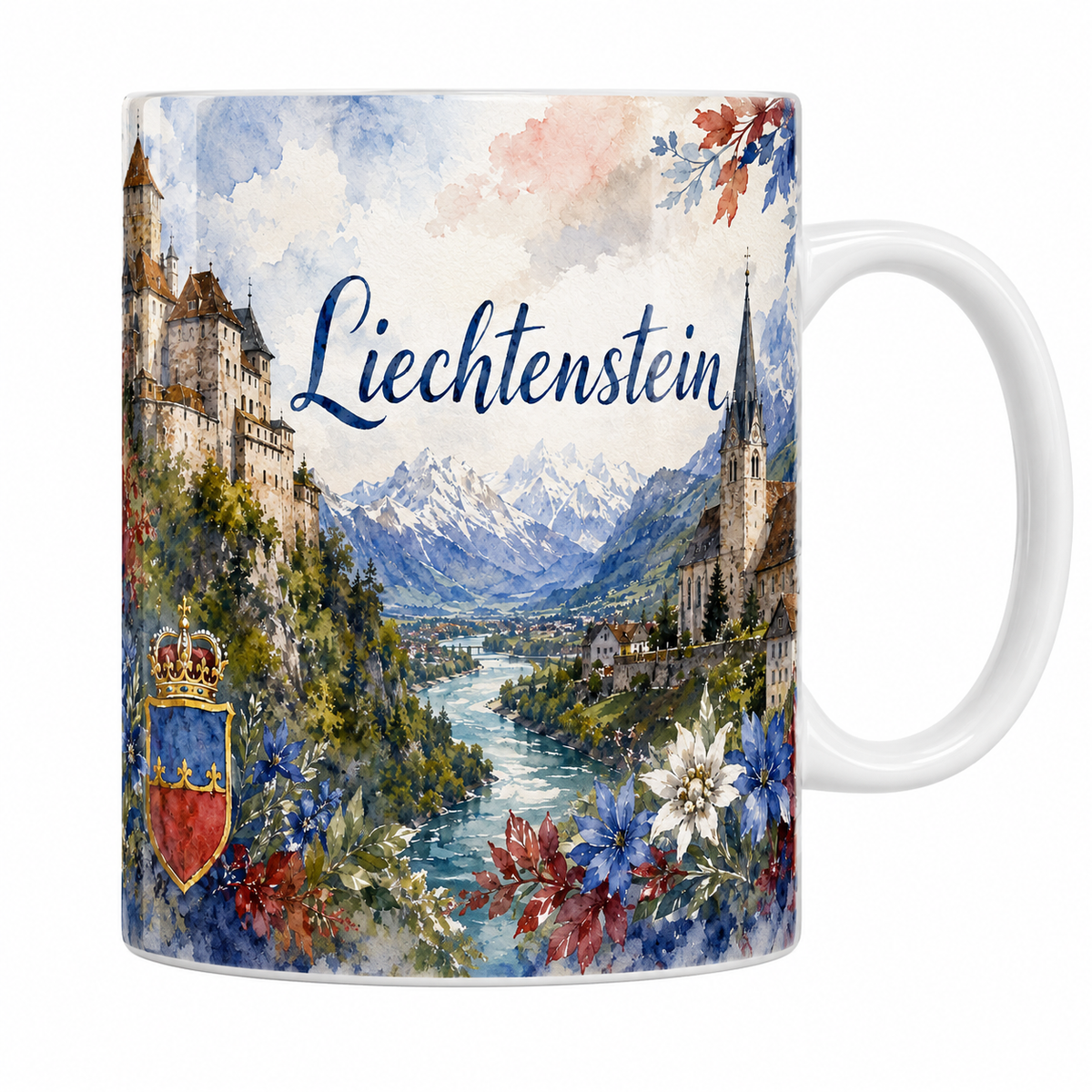 Mug céramique 330 ml Liechtenstein aquarelle : château de Vaduz, cathédrale et Alpes du Rhin