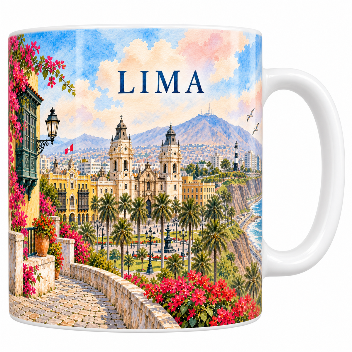 Mug blanc Lima aquarelle 330 ml : les tours jumelles de la cathedrale, le palais jaune et ses balcons de bois, les palmiers de la Plaza Mayor et la Costa Verde.