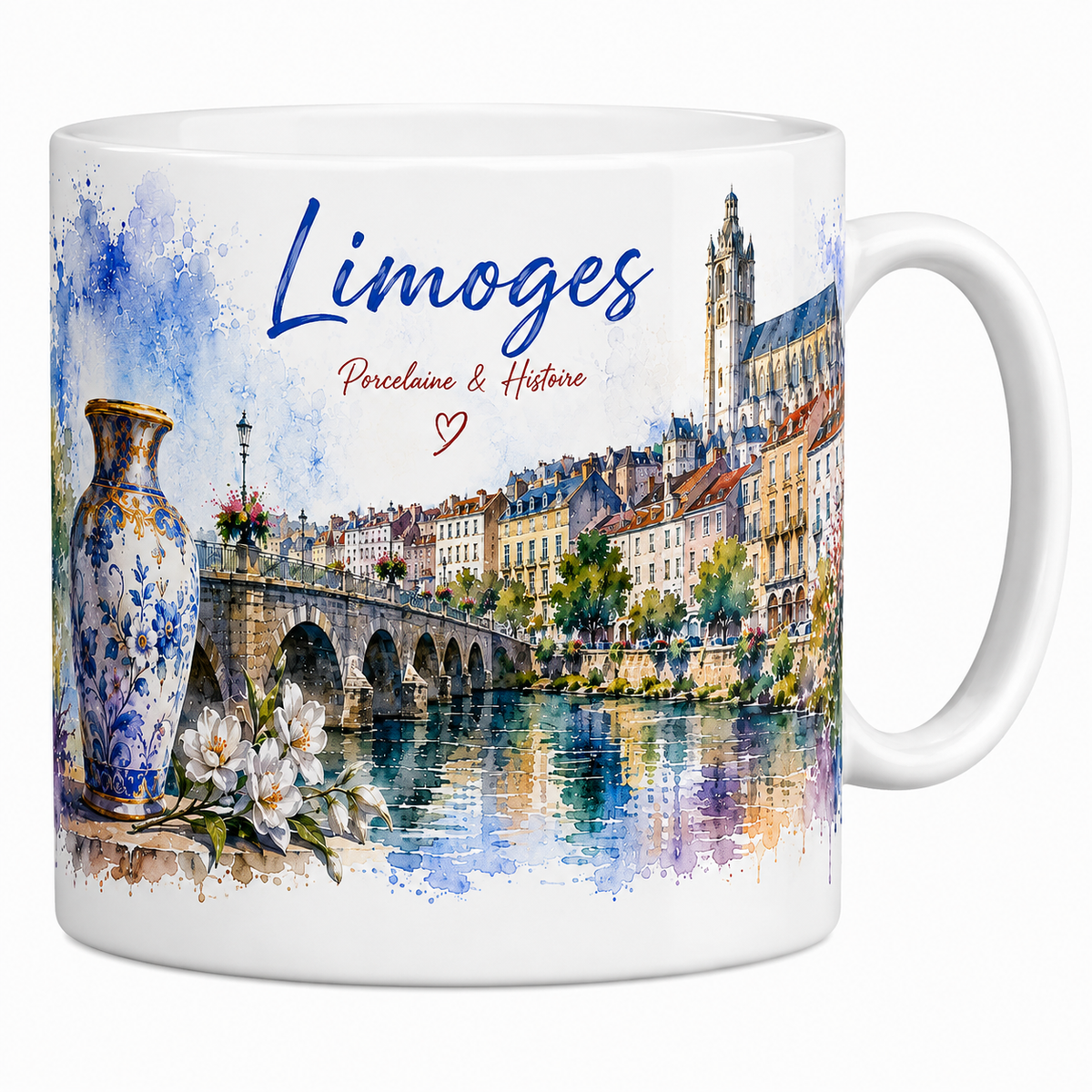 Mug céramique blanc Limoges Porcelaine & Histoire : vase en porcelaine, cathédrale et pont sur la Vienne en aquarelle