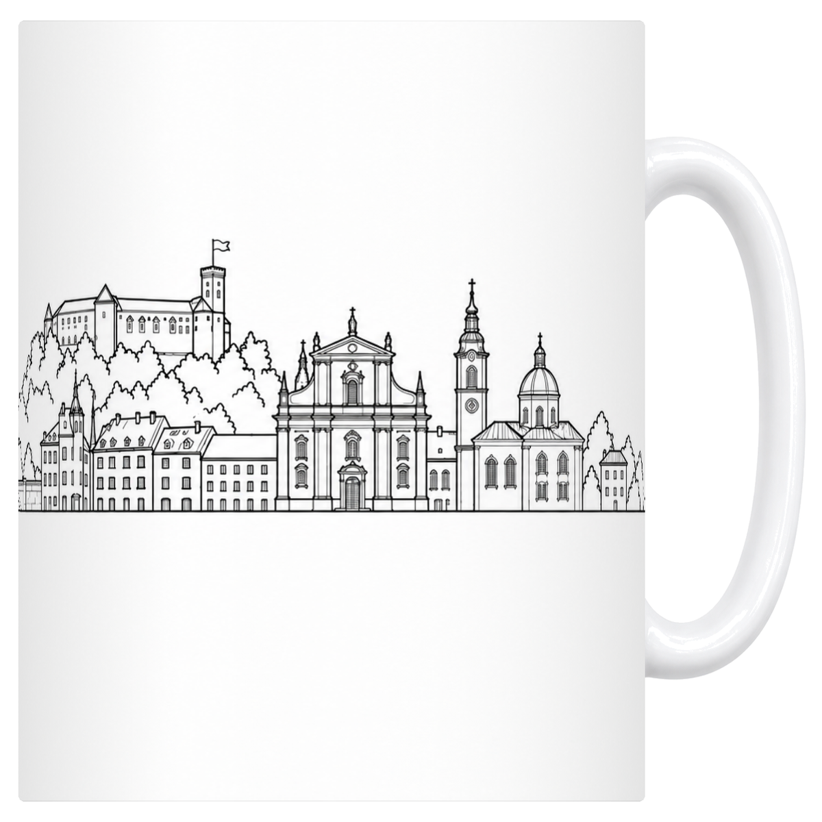 Mug blanc en céramique 330 ml illustré du skyline de Ljubljana au trait noir : le dragon sur son socle, le château sur sa colline boisée, l'église baroque et la cathédrale à coupole