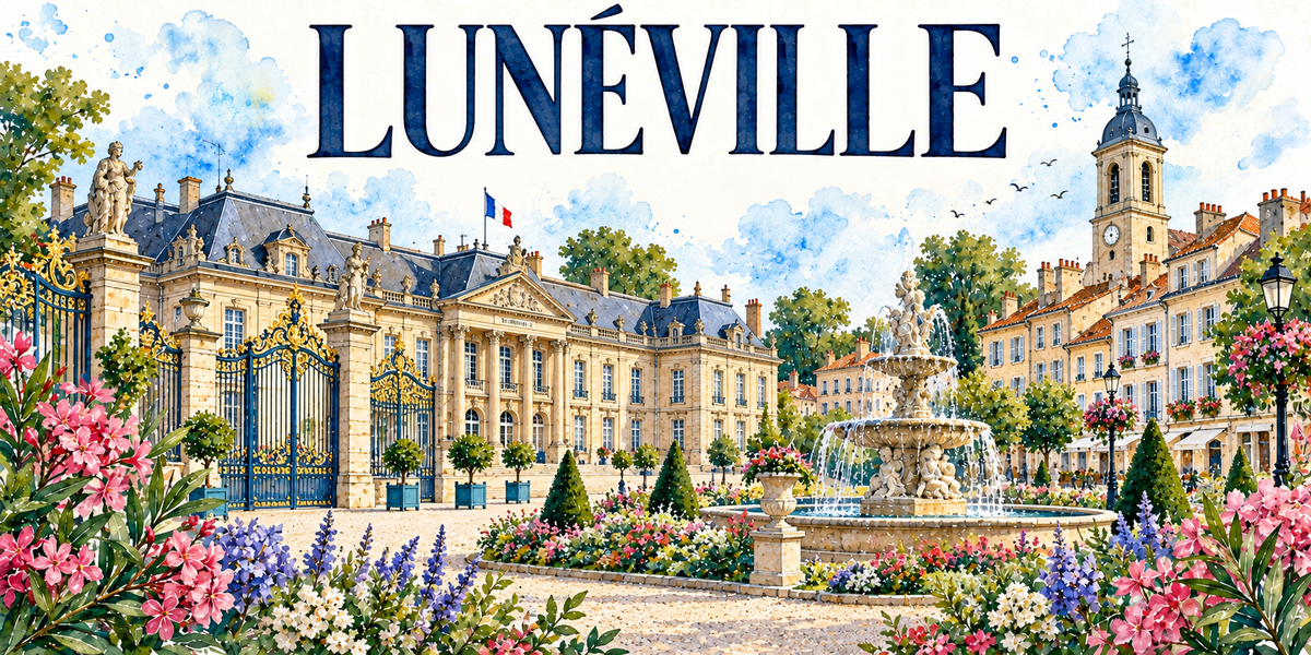Aquarelle de Lunéville : façade du château et grilles dorées, fontaine à bassins, parterres taillés et clocher à bulbe