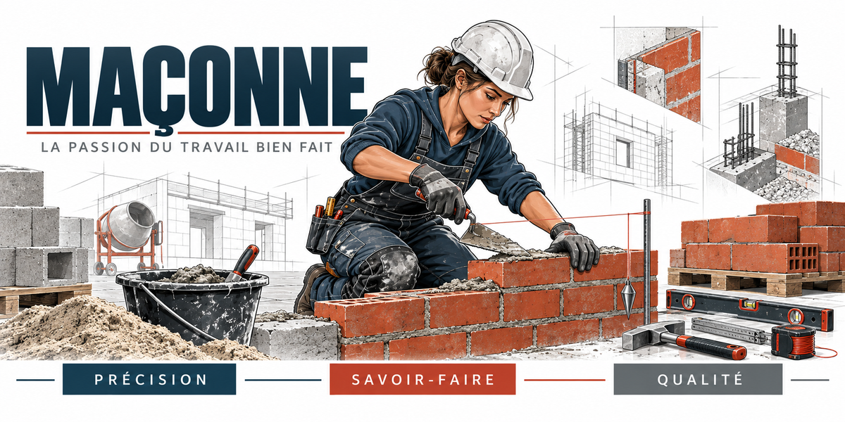 Illustration maçonne : femme en casque blanc et gants montant un mur de briques à la truelle, auge de mortier, parpaings empilés, niveau à bulle et croquis de ferraillage