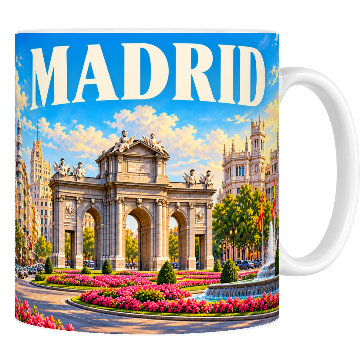 Mug céramique 330 ml « MADRID » : Puerta de Alcalá, palais de Cibeles et parterres fleuris