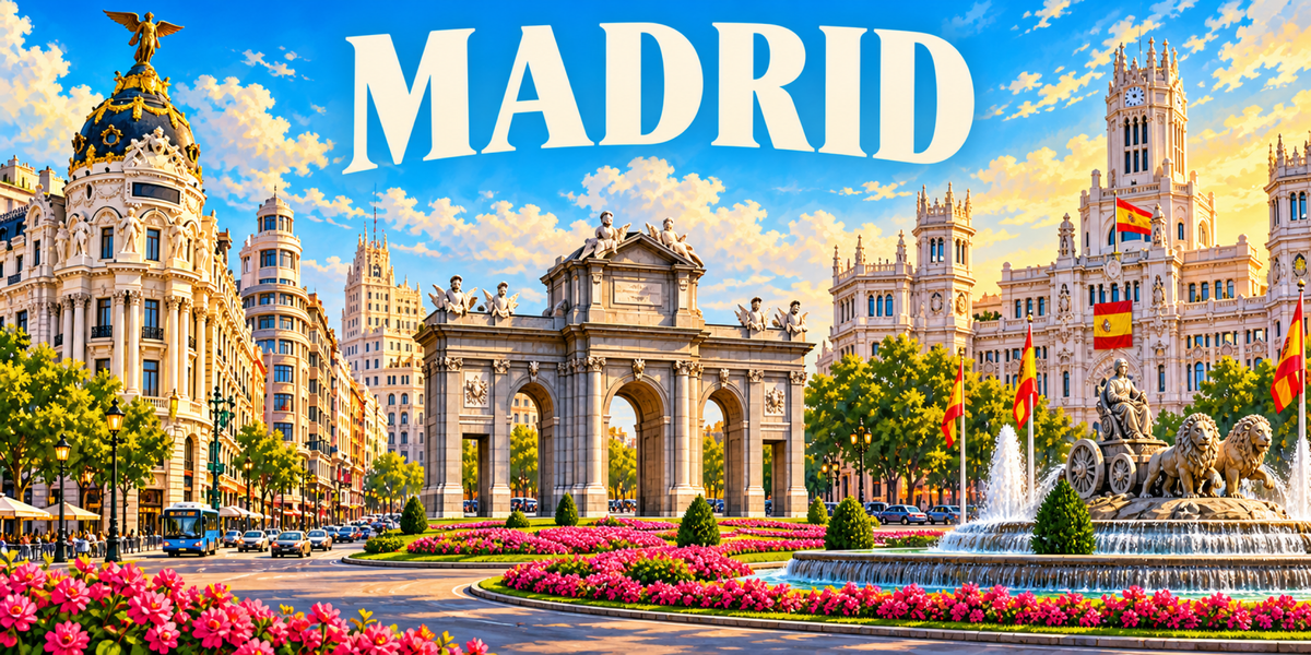 Visuel « MADRID » : Puerta de Alcalá, fontaine de Cibeles, immeuble Metropolis et drapeaux espagnols