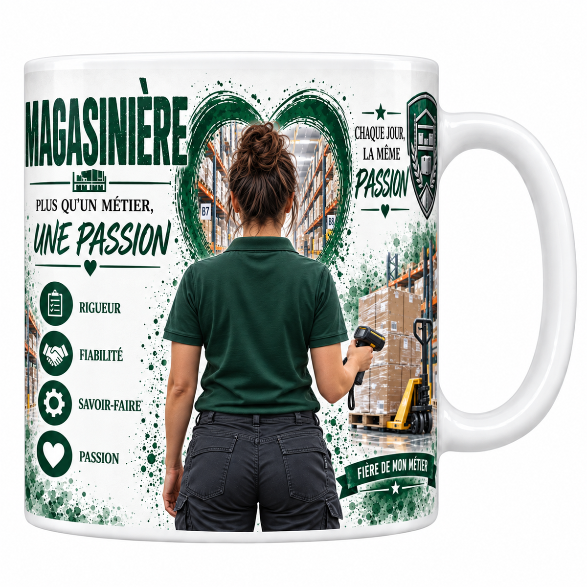 Mug magasinière en céramique blanche 330 ml, affiche MAGASINIÈRE en grand, une magasinière en polo vert vue de dos, douchette à la main, blason vert au palettier et aux lauriers, quatre valeurs rigueur, fiabilité, savoir-faire, passion