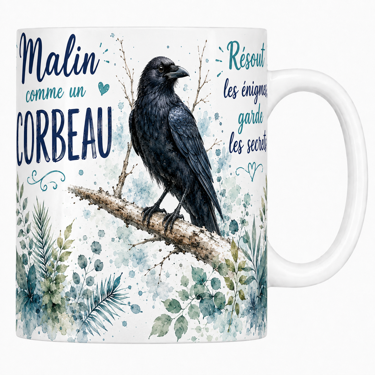 Mug céramique blanc « Malin comme un corbeau », corbeau au plumage bleuté à l'aquarelle