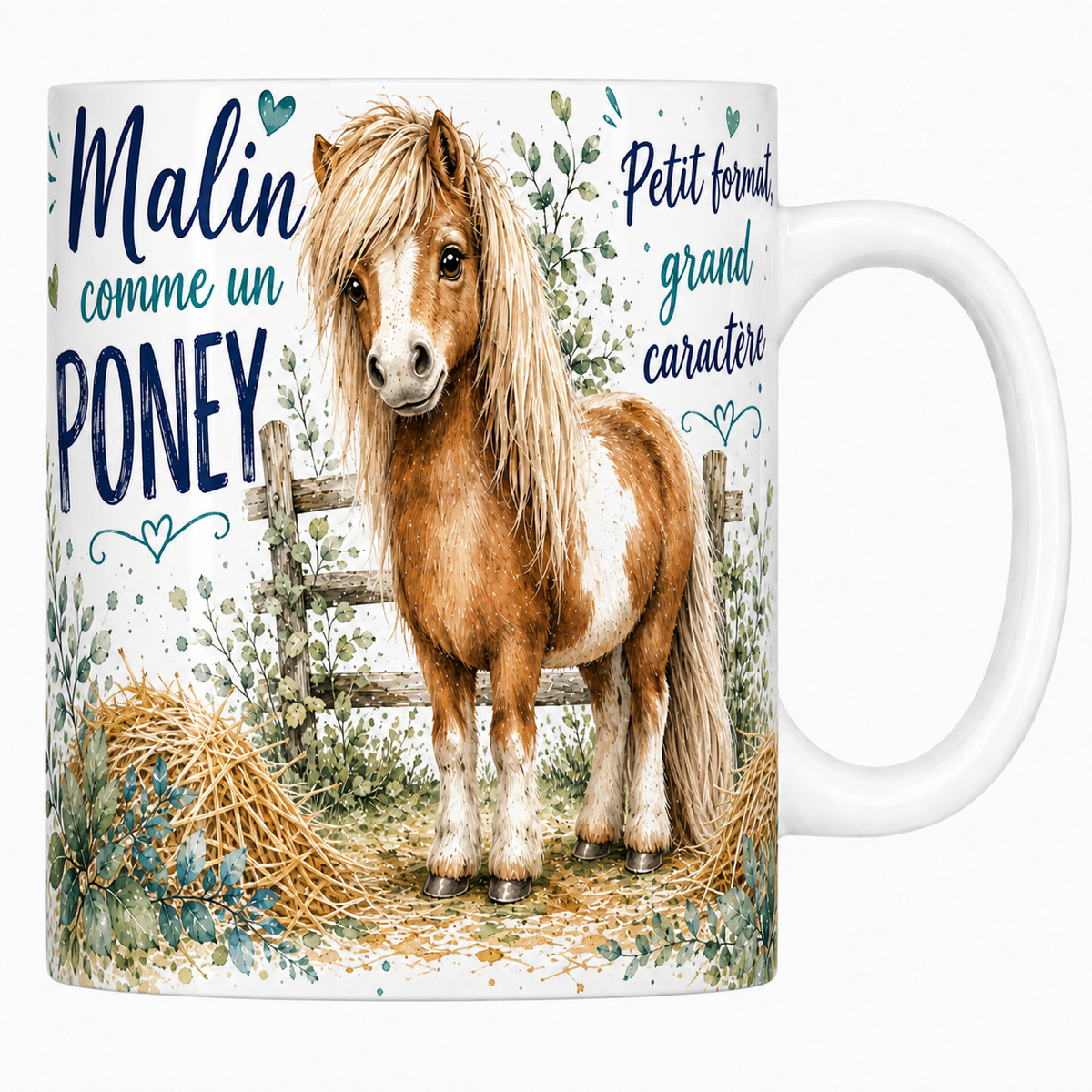 Mug céramique blanc « Malin comme un poney », poney pie à la crinière blonde à l'aquarelle