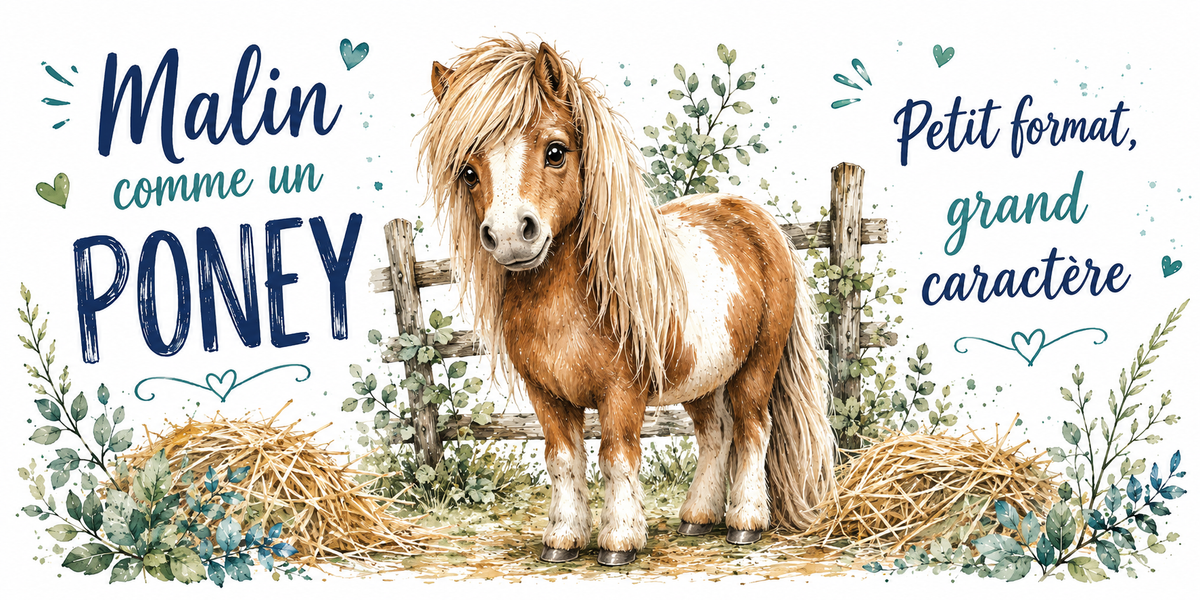 Poney pie devant sa barrière à l'aquarelle : « Malin comme un poney. Petit format, grand caractère »