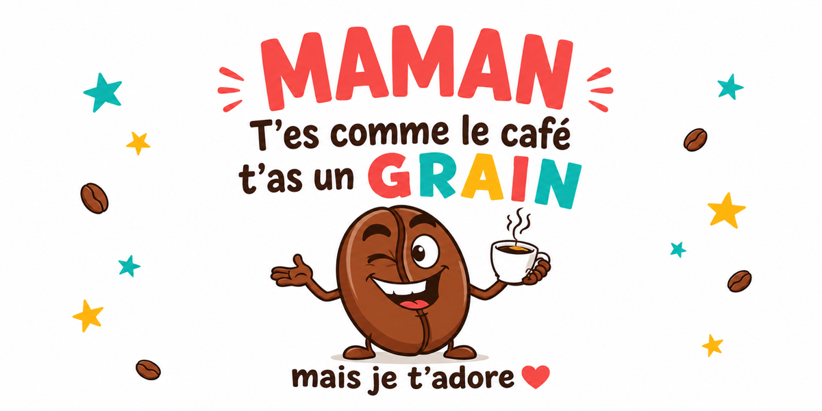Visuel Maman humour : MAMAN en lettres corail, grain de café à la tasse, étoiles et grains