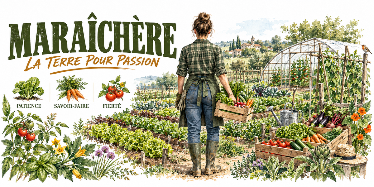 Aquarelle maraîchère : le mot MARAÎCHÈRE en capitales vert foncé et la mention manuscrite La Terre pour Passion, une maraîchère en chemise à carreaux, tablier et bottes, chignon, vue de dos portant une cagette de légumes, planches de salades et de carottes, serre tunnel, coteaux et village au loin, trois vignettes — betterave patience, carottes savoir-faire, tomate fierté — et une bordure de légumes et de fleurs de courge