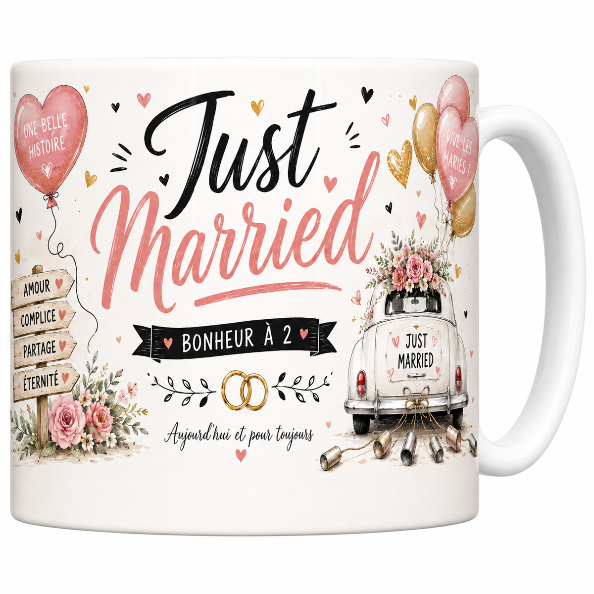 Mug céramique blanc Just Married « Bonheur à 2 » : voiture de mariés fleurie et ballons cœur