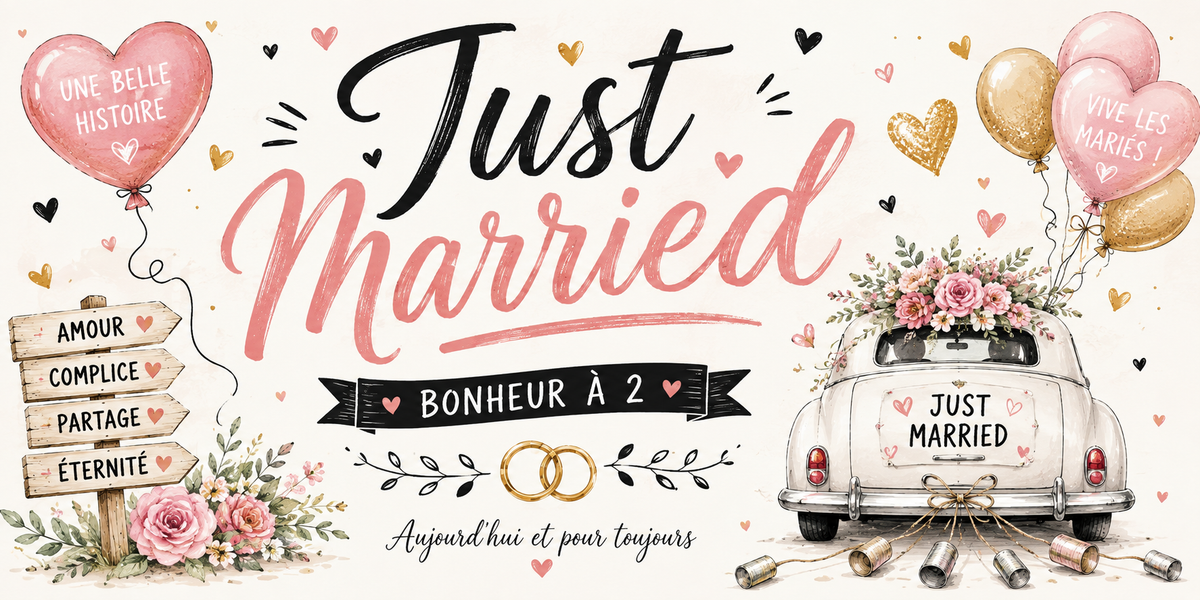 Design du mug Just Married : panneaux Amour, Complice, Partage, Éternité et « Aujourd'hui et pour toujours »
