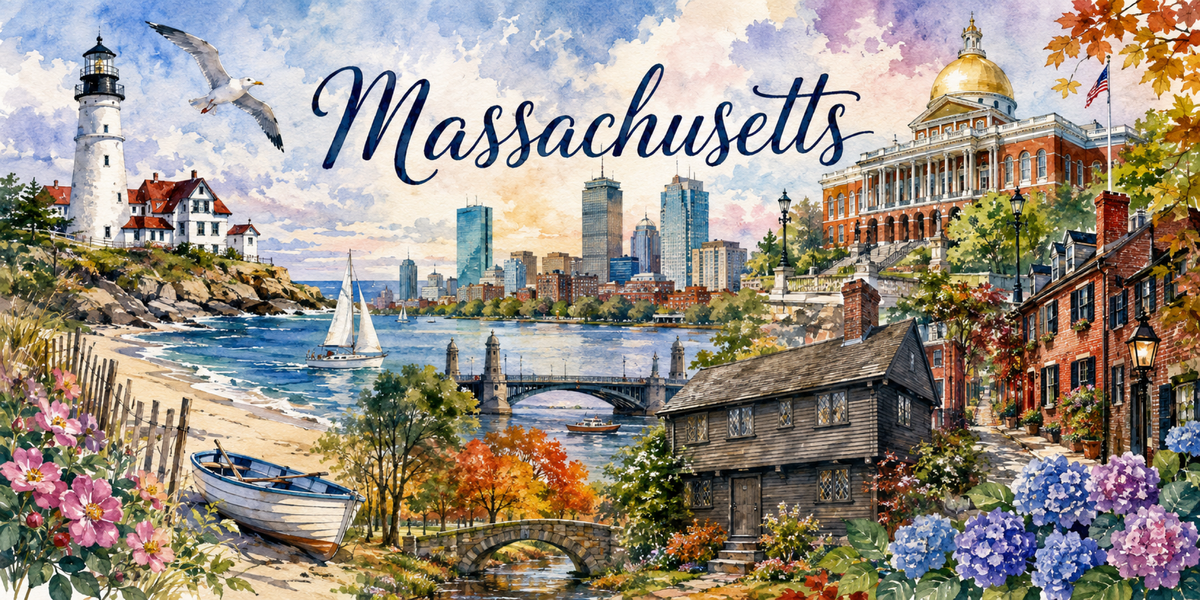 Visuel Massachusetts aquarelle : phare, Boston, rue pavée de Beacon Hill et hortensias bleus