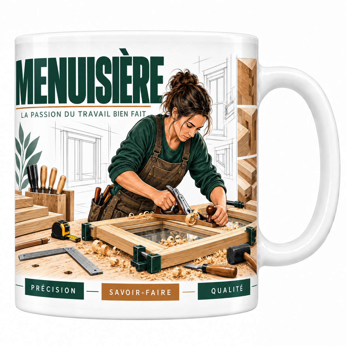 Mug menuisière en céramique blanche 330 ml, illustration d'une menuisière ajustant au ciseau un châssis de fenêtre en bois, serre-joints et copeaux, titre MENUISIÈRE vert foncé