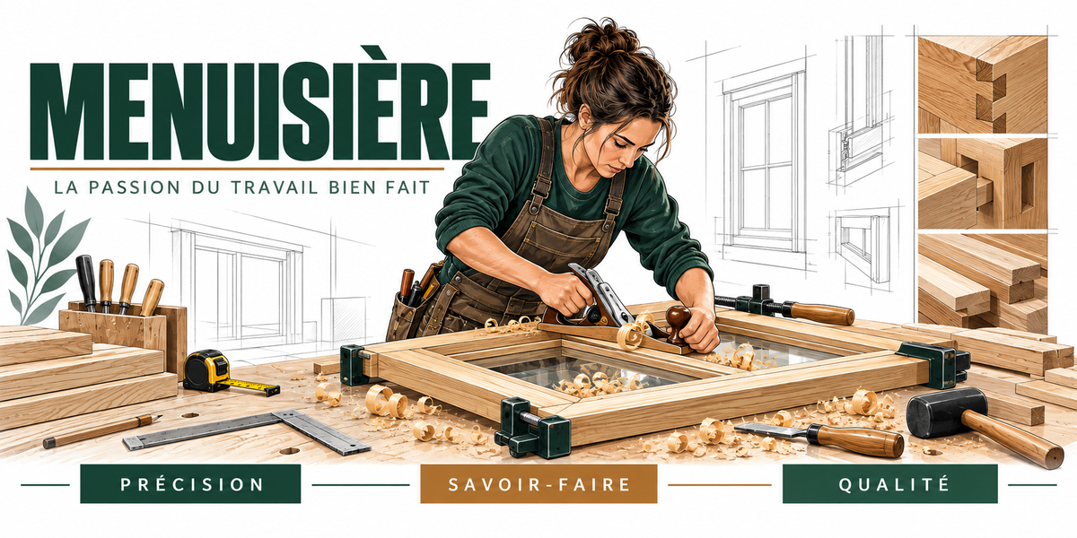 Illustration menuisière : femme en tablier de cuir ajustant au ciseau à bois un châssis de fenêtre, serre-joints noirs, maillet, mètre ruban, copeaux et croquis de menuiseries