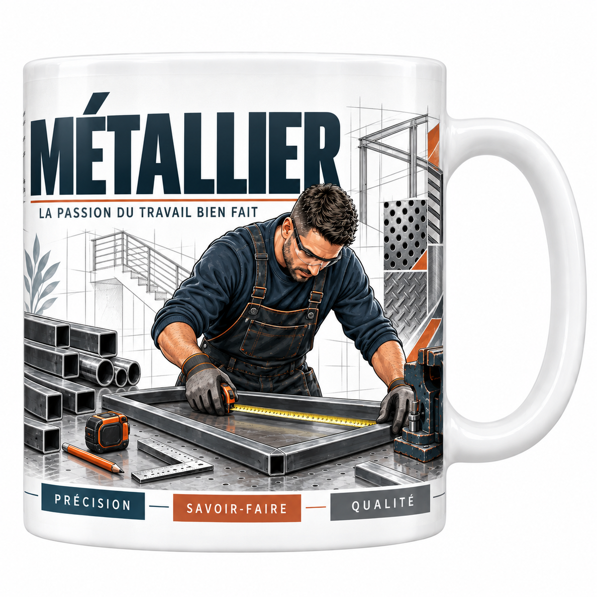 Mug métallier en céramique blanche 330 ml, illustration d'un métallier mesurant une plaque d'acier à l'établi, profilés et cornières, masque de soudage, titre MÉTALLIER bleu marine