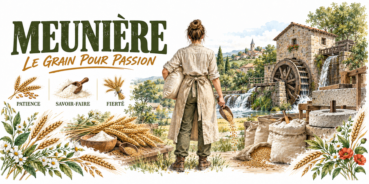 Aquarelle meunière : le mot MEUNIÈRE en capitales vert foncé et la mention manuscrite Le Grain pour Passion, une meunière en chemisier blanc, tablier vert et chignon vue de dos, versant du grain, moulin à eau en pierre et sa roue à aubes, cascade, sacs de farine ouverts et gerbes de blé, village perché au loin, trois vignettes — épis patience, gerbe savoir-faire, épis fierté — et une bordure d'épis, de coquelicots et de marguerites