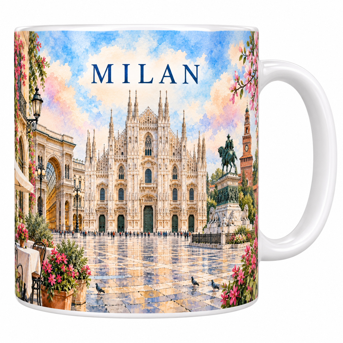 Mug en céramique blanche 330 ml illustré à l'aquarelle de Milan : le Duomo en marbre blanc, la statue équestre de Victor-Emmanuel, la tour du Castello Sforzesco et une terrasse fleurie