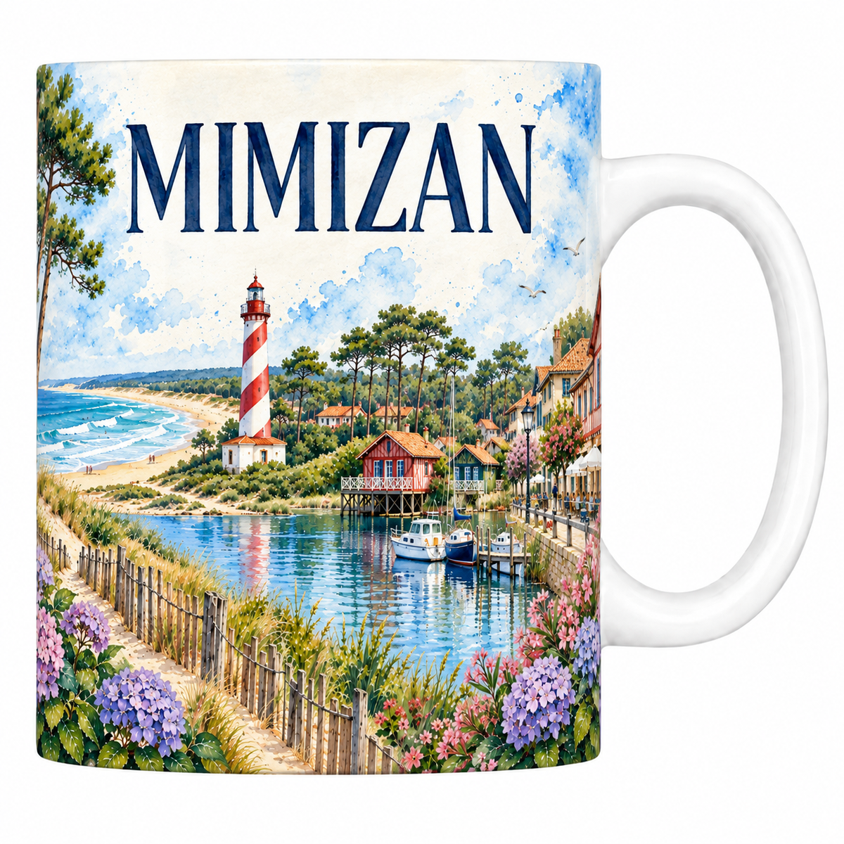 Mug céramique 330 ml Mimizan : le phare et la plage en aquarelle