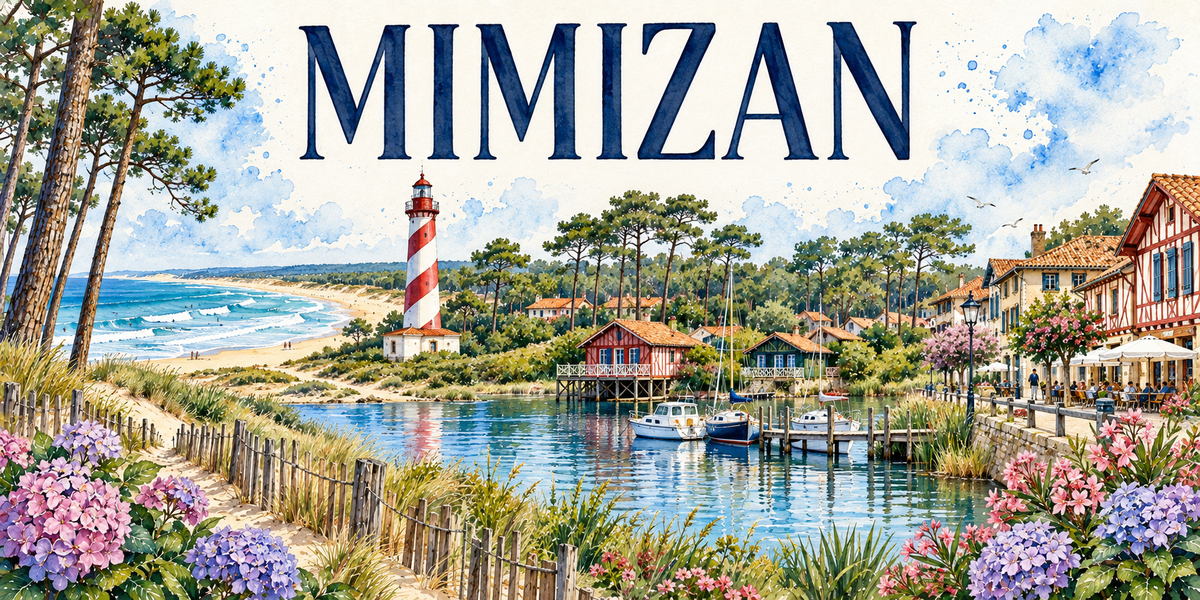 Mimizan en aquarelle : phare rayé rouge et blanc, plage, pins, courant et maisons landaises