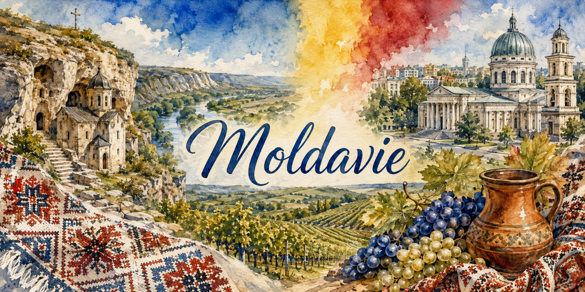 Visuel Moldavie aquarelle : caves creusées dans la roche, vignes, grappes noires et cruche de terre