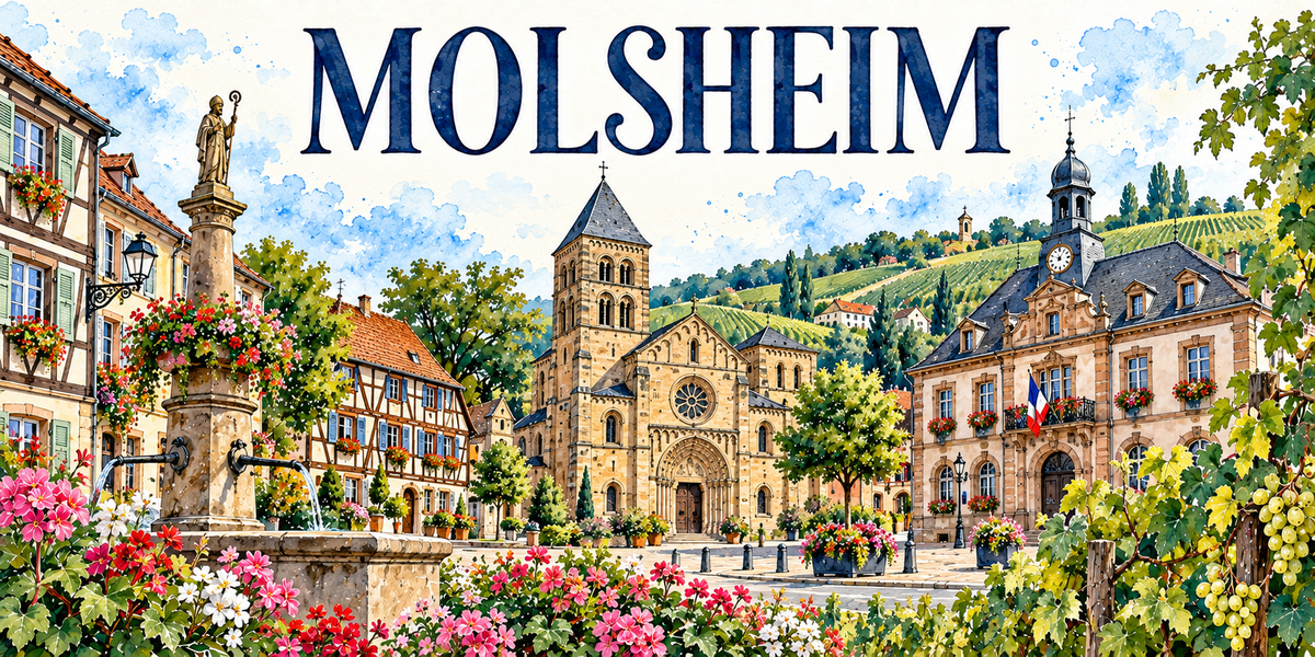 Illustration aquarelle de Molsheim : maisons à colombages, fontaine monumentale et sa statue sur colonne, église des Jésuites et sa rosace, tour octogonale à flèche, Metzig à toit d'ardoise avec horloge et drapeau, platanes, coteaux de vigne et grappes