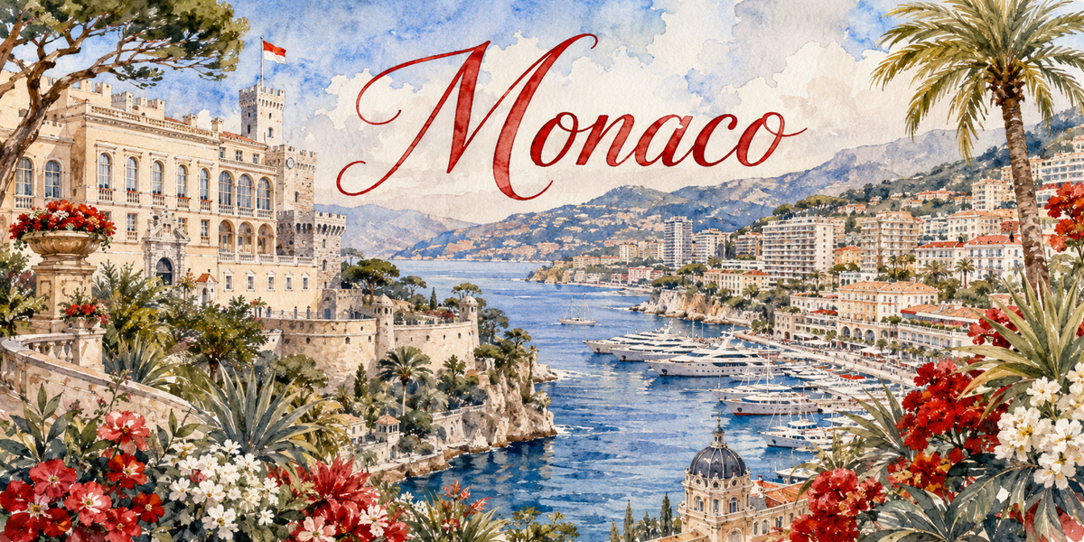 Visuel Monaco aquarelle : façade Belle Époque, yachts du port Hercule et ville étagée sur la Méditerranée
