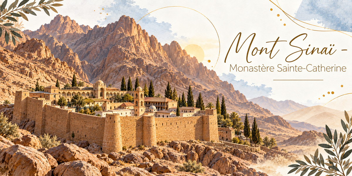 Visuel aquarellé du monastère Sainte-Catherine au pied du mont Sinaï, ses hautes murailles de pierre ocre et ses tours, les toits et le clocher de ses bâtiments serrés à l'intérieur, les cyprès qui les dépassent, les rochers et les éboulis du désert au premier plan, les pitons et les crêtes du Sinaï écrasés de lumière à l'arrière-plan, des feuillages d'olivier en bordure et le titre Mont Sinaï - Monastère Sainte-Catherine en lettres dorées