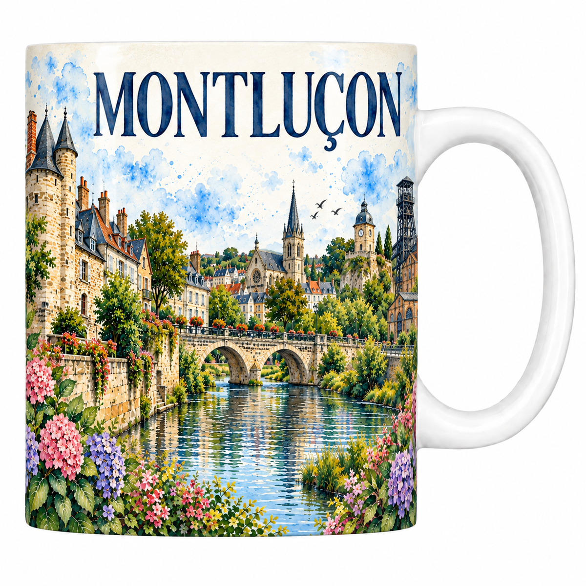 Mug céramique 330 ml Montluçon : le château des ducs et le Cher en aquarelle