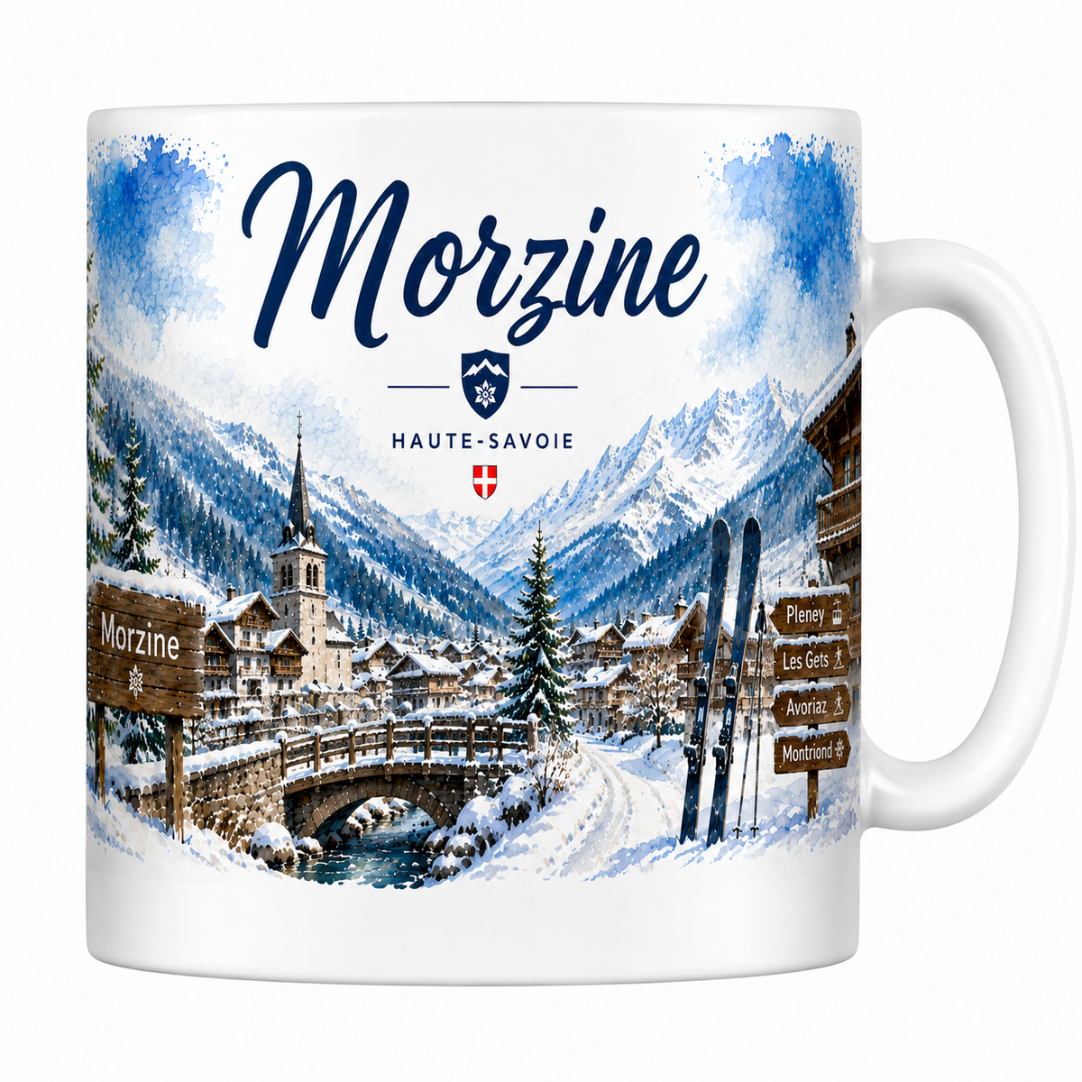 Mug céramique blanc Morzine Haute-Savoie : clocher, pont et panneaux Pleney, Les Gets, Avoriaz, Montriond