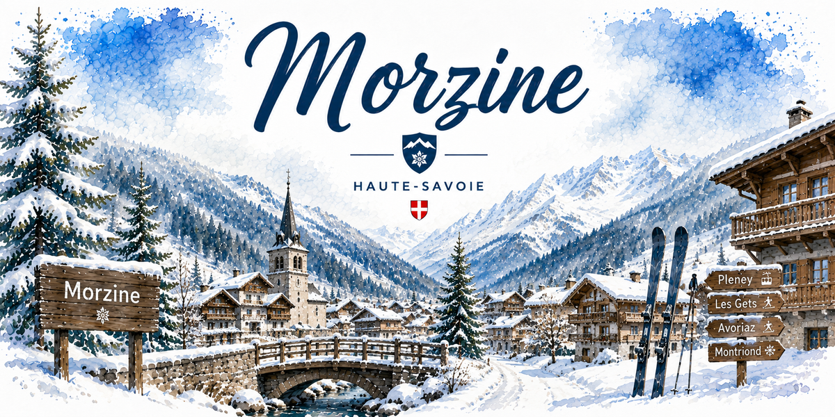 Design du mug Morzine : panneaux Pleney, Les Gets, Avoriaz, Montriond, village enneigé et croix de Savoie