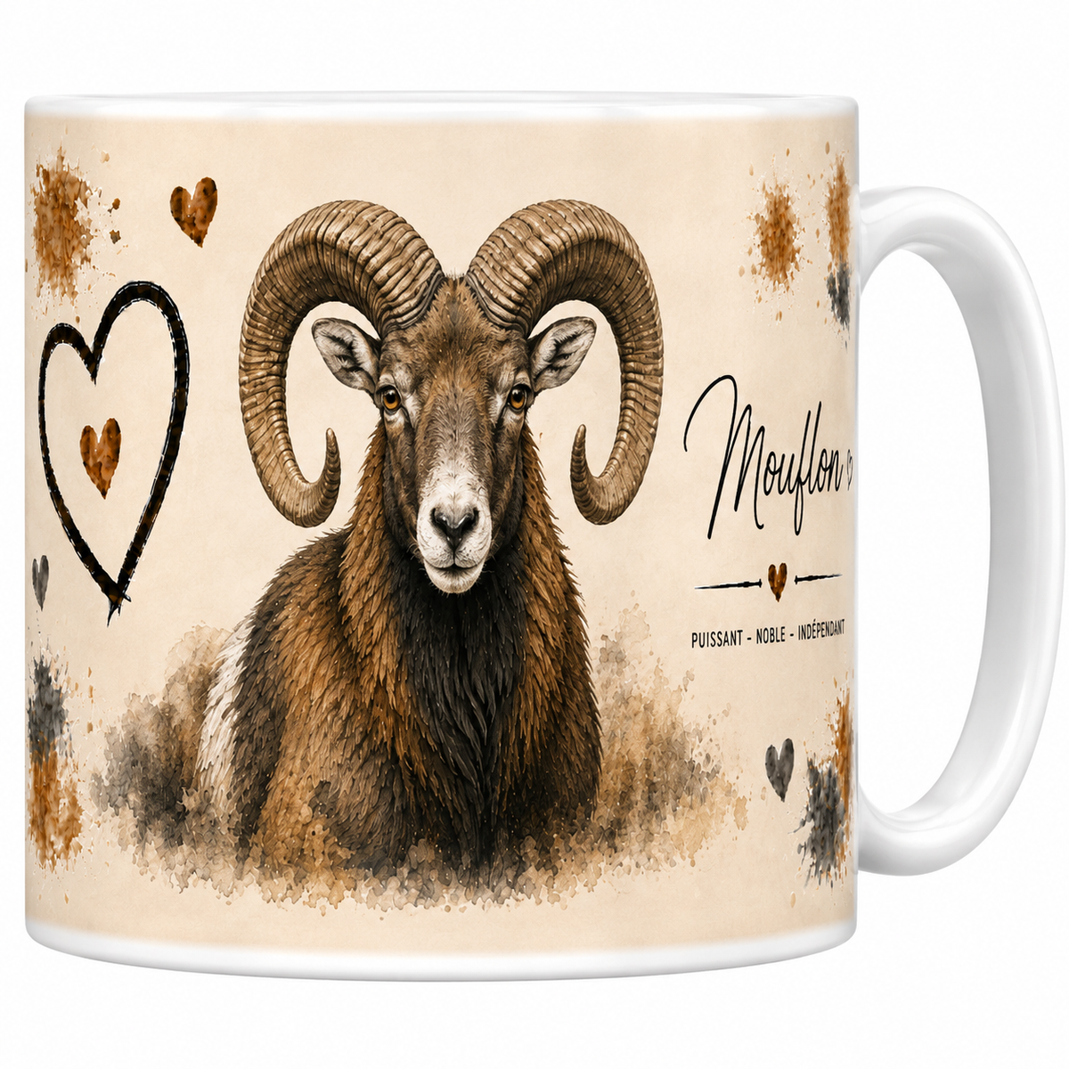 Mug céramique blanc Mouflon « Puissant, noble, indépendant » : mouflon aux cornes enroulées, grand cœur