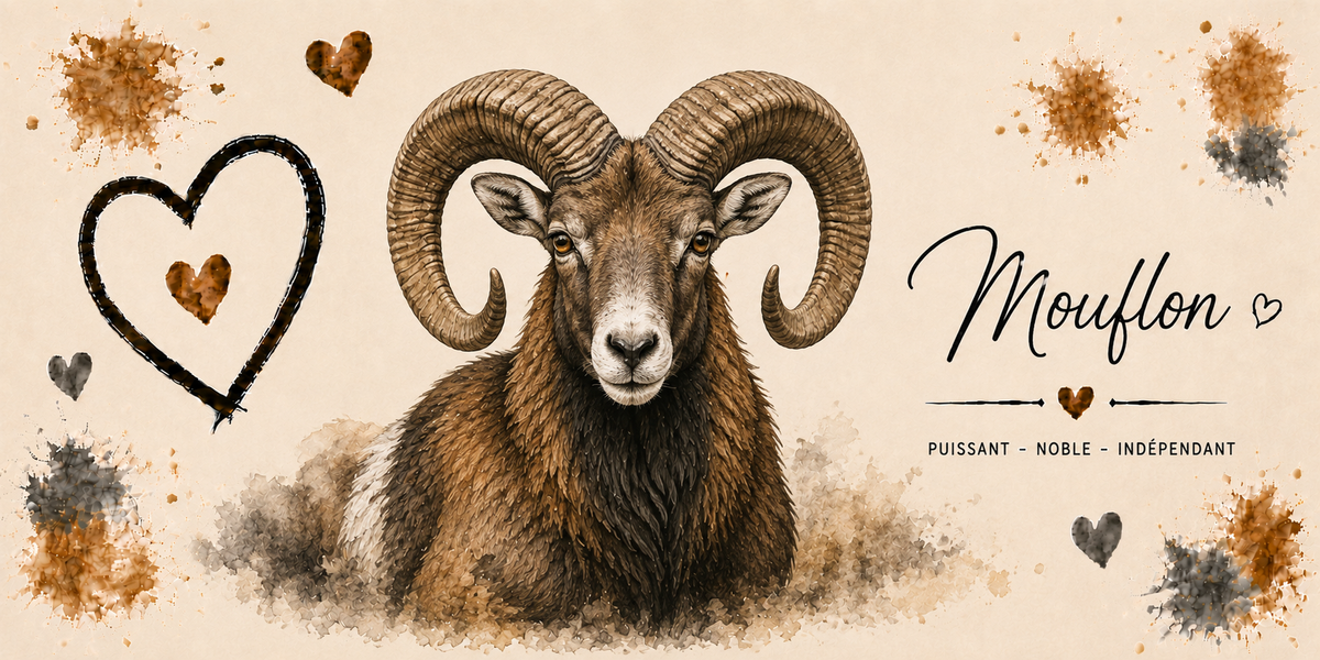 Design du mug Mouflon : portrait de mouflon aux cornes enroulées, gravure sépia, cœur noir et taches dorées