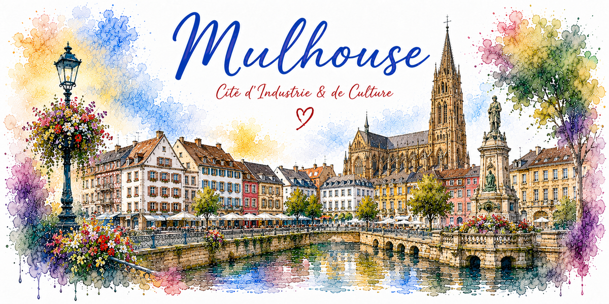 Design du mug Mulhouse : flèche du temple Saint-Étienne, façades colorées et canal, texte « Cité d'Industrie & de Culture »