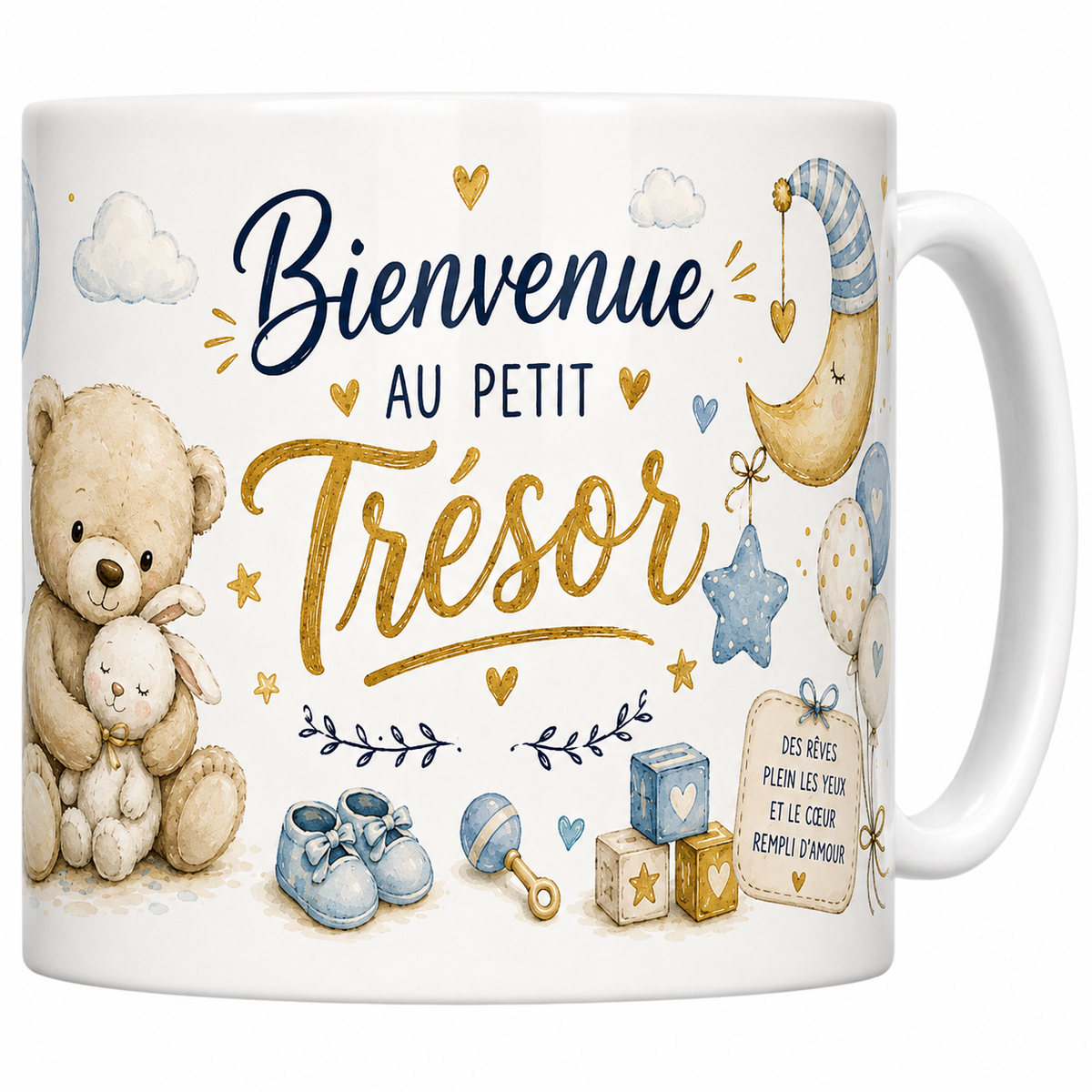 Mug céramique blanc Bienvenue au Petit Trésor : oursons câlins, lune et chaussons bleus