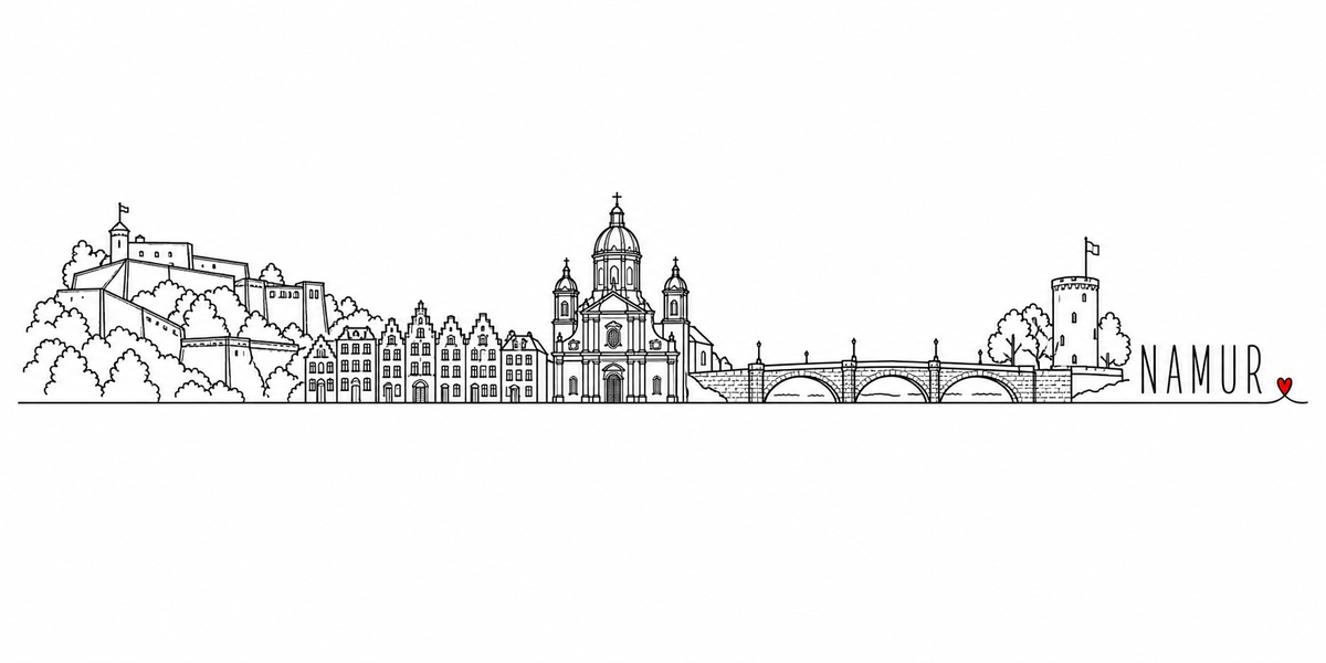 Skyline de Namur dessiné au trait noir continu, de gauche à droite : la citadelle sur son éperon boisé, sa tour à drapeau et ses remparts en redans, les arbres, les maisons à pignons du quai, la cathédrale à coupole et ses deux clochers, le pont de pierre à arches et ses lampadaires, la tour ronde crénelée à drapeau — avec le nom NAMUR en capitales espacées et un petit cœur rouge