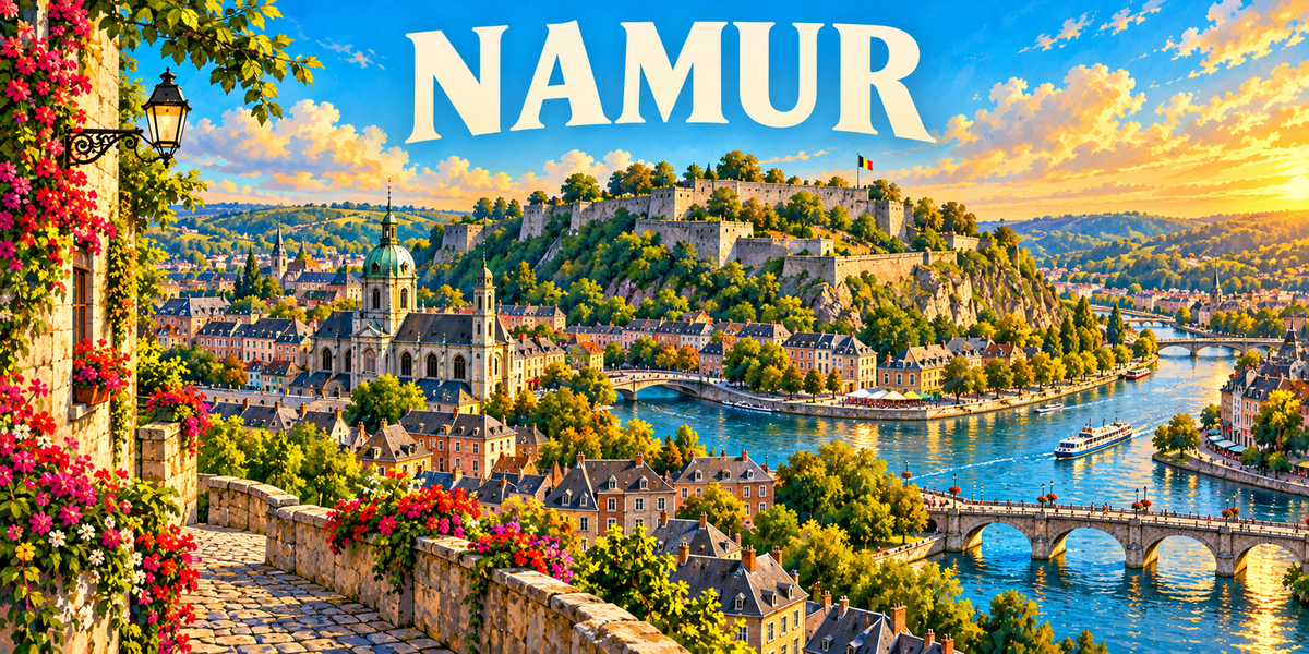 Affiche illustrée de Namur : la citadelle sur son éperon rocheux, la coupole de Saint-Aubain, les toits d'ardoise et les ponts sur la Meuse